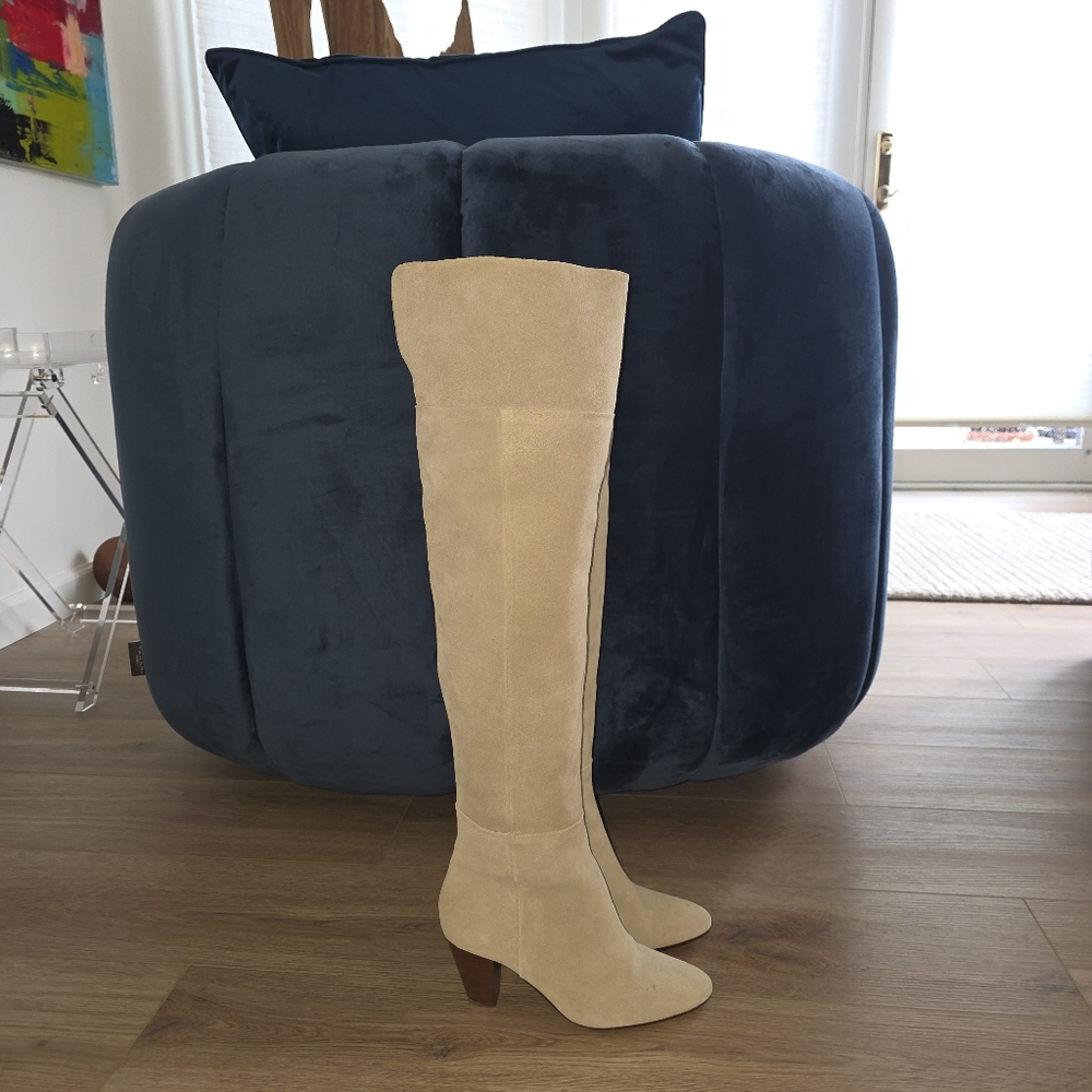 SUPER CLEAN Sezane Suede High OTK Boots Size FR 37 US 6 Bone Cream Stack Heels